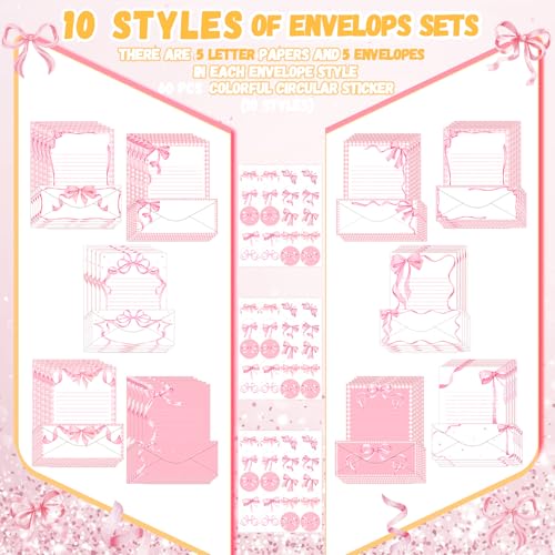 Image of TaoBary 160 Pcs Pink Bow Stationery Paper and Envelopes Set Coquette Lined Stationery Paper 50 Double Sided Pink Papers with 50 Matching Envelopes and 60 Round Dot Sticker for School Students Rewards
