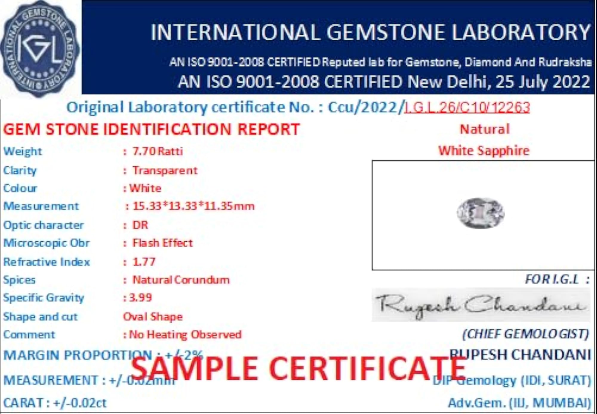 White Sapphire Stone Certified 5.05 Carat Necklace, Gift