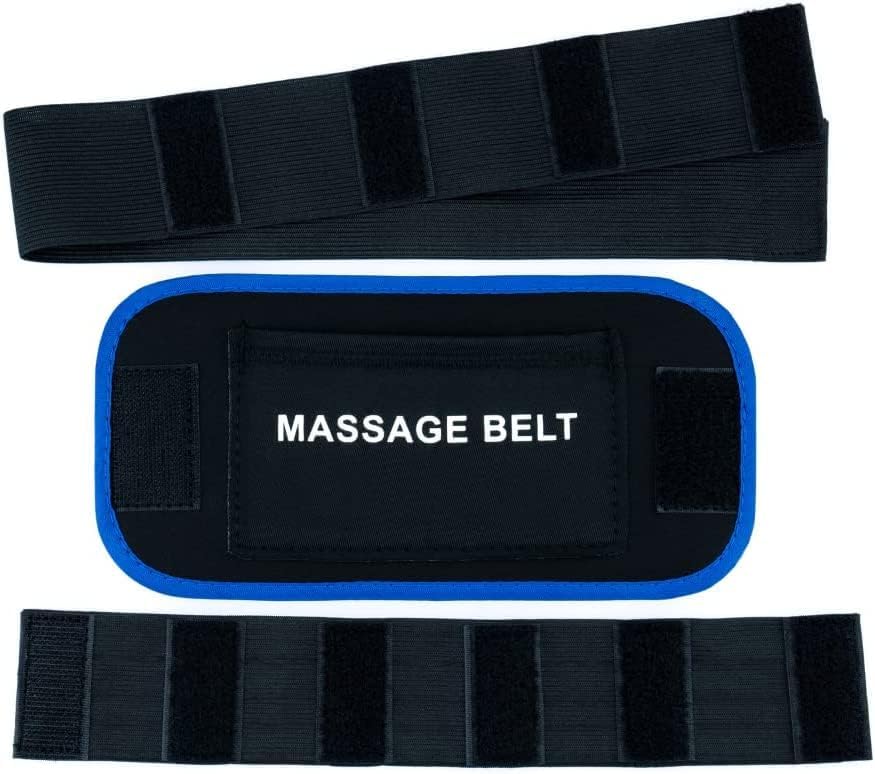 A black massage belt with 'MASSAGE BELT' text on it, featuring Velcro closures.