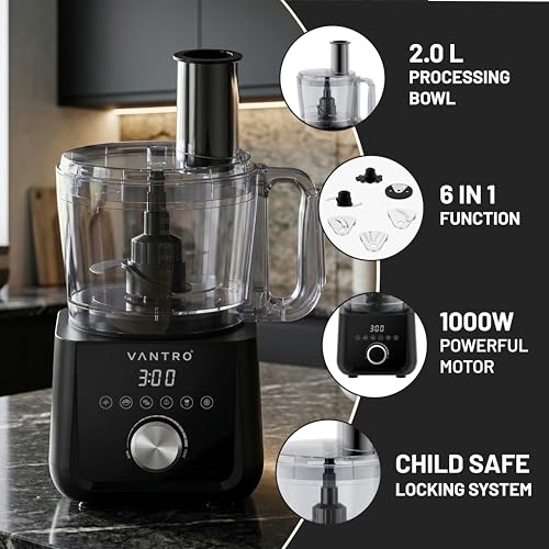 Image of VANTRO 1000W Food Processor with 2L Bowl - Multi-Purpose Kitchen Appliance for Chopping, Slicing, Dough Kneading & Grinding | Powerful Motor, Easy Clean Design