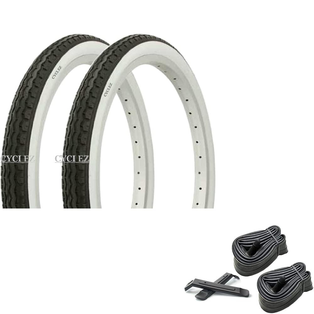 CYCLEZ 20 X 1.75 Brick White Wall Tires - Kit Includes 2 Tires, 2 Tubes & 2 Tire Levers For BMX & Lowrider Bikes