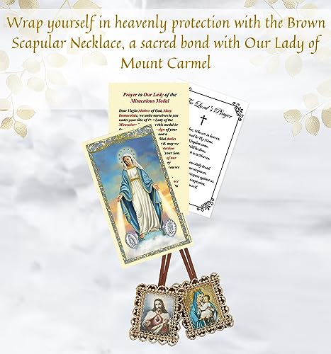 Brown Scapular Catholic Necklace Of Our Lady Of Mount Carmel - with Miraculous Medal Prayer Card, Lord's Prayer Card - Brown Catholic Scapular, Holy Cards Set - Escapularios Catolicos - 3 Items2