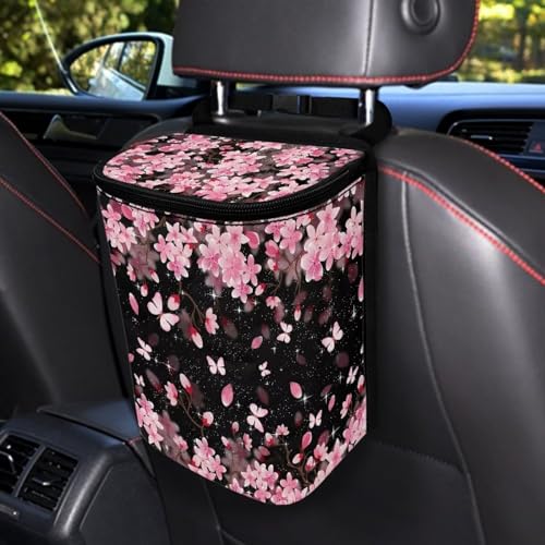 Image of Talayituse Butterfly Cherry Blossom Print Car Trash Can with Adjustable Straps, Foldable Car Trash Bag Bin Car Garbage Bag Multipurpose Storage Box for Vehicle Travel Camping Picnicing