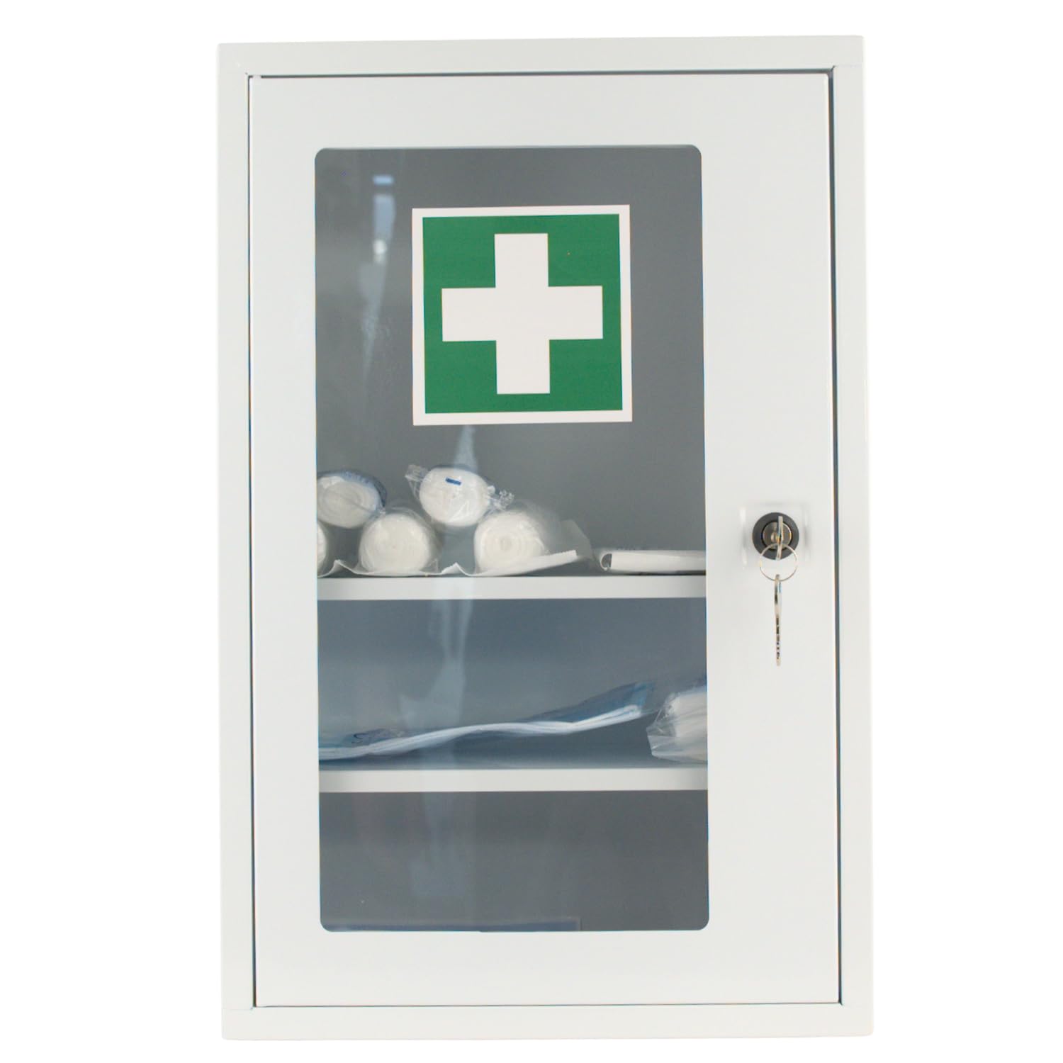 Botiquín de primeros auxilios con ventana y DIN 13157:2021, botiquín con 3 compartimentos, cerradura de seguridad, metal, medidas: 46 x 30 x 14 cm, armario para medicamentos para colgar y espacio para