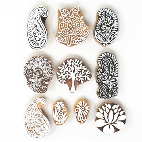 Image of Hashcart Wooden Stamp Block, Printing Stamp Design Set | Block for Printing Saree Border | Dresses, Craft Card Making, Scrapbook, Clay Pottery | Set of 10