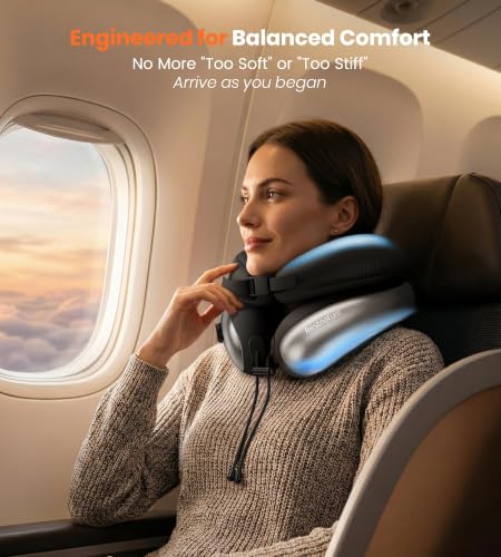 Image of Neck Pillow for Traveling, Travel Pillows for Airplanes, Adjustable Neck Pillow Airplane Travel Essentials - 2 Layer Patented | Inflatable Air Loop & Memory Foam for 360 Ergonomic Support
