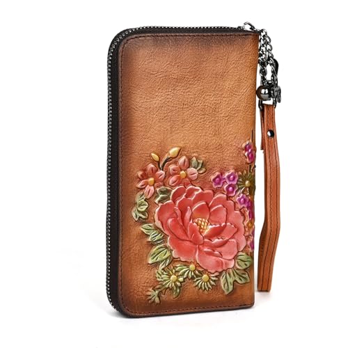 Embossing Purses for Women, Genuine Leather Long Wallet Vintage Floral Zipper Clutch Large Capacity (Brown)3