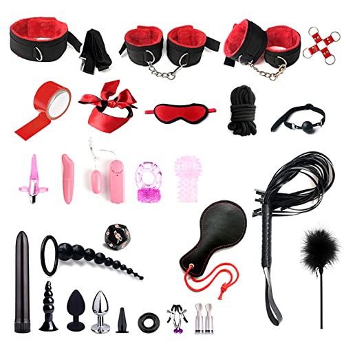 BDSM Fesseln Sex Set Perfekt Bondage Set 28 Stück,Handschellen Sex Bett und Anal Plug,Nippelklemmen Brustwarzen,Peitsche und Augenmaske,SM Sexspielzeug für Paare Extrem Sex Spielzeug Beide (Rot)