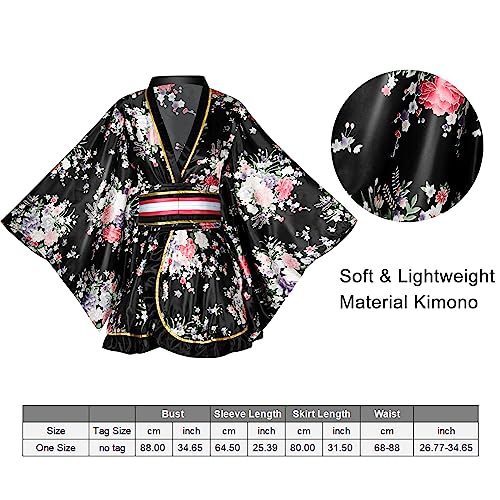 PLULON 5 Pcs Women's Japanese Kimono Robe Short Floral Print Kimono Dress Sexy Geisha Yukata Satin Bathrobe with Accessories3