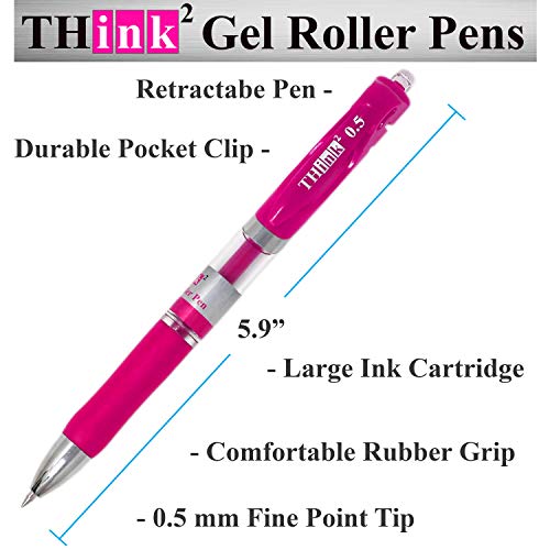 Image of [24 Pens - Pink Ink] Think2 Retractable Gel Pens. (24 Pink) Fine Point (0.5mm) Rollerball Pens with Comfort Grip.