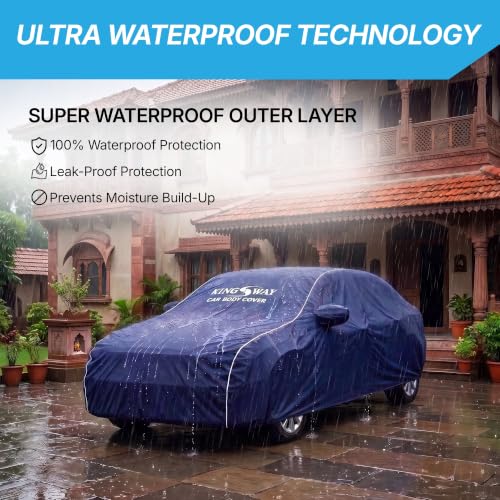 Image of KINGSWAY Super Waterproof Car Cover Only with Maruti Suzuki Ciaz (Year 2018 to 2025 - All Model) | Mirror and Antenna Pockets | All Weather Car Body Cover with Silver Piping | Blue