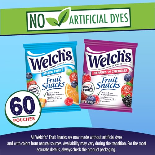 Image of Welch's Fruit Snacks, Mixed Fruit & Berries 'N Cherries Snack Box, Gluten Free, 0.8oz Snack Packs (Pack of 60)