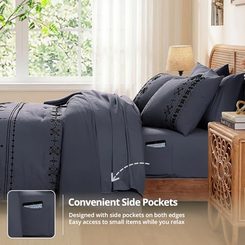 Image of MaiReve Queen Comforter Set Embroidery Floral 7 Pieces Bed in a Bag