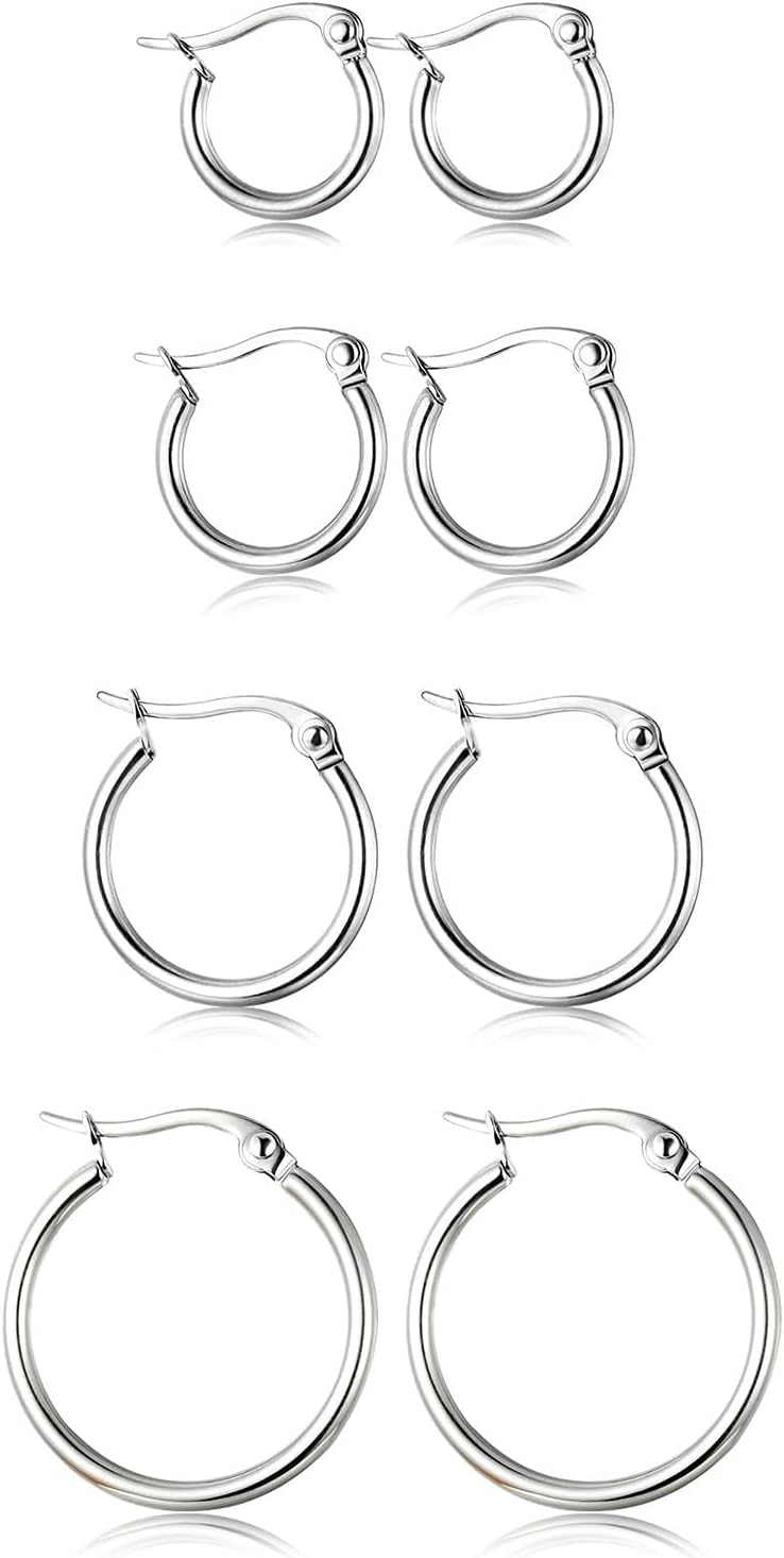 Orazio 4 pairs stainless steel hoop earrings, cute huggie women