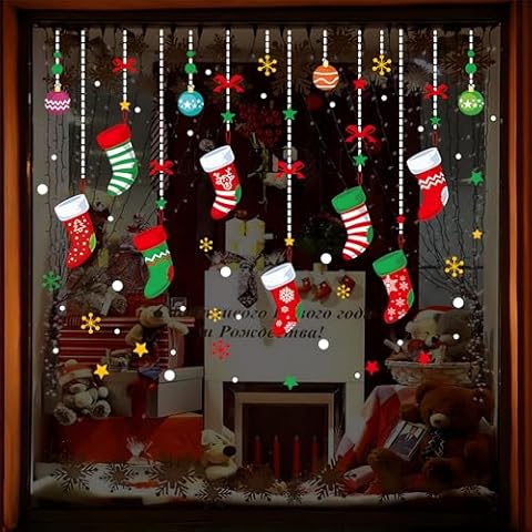 ONDY Merry Christmas Garter Window Glass Decoration Stickers 2025 New Holiday Removable Dress Up DIY Static Window Clings Decals for Living Room Bedroom Shop Window Cover