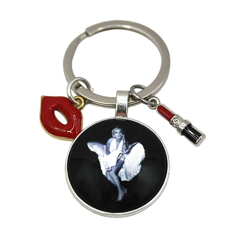 MARILYN MONROE Keyring with Pendant of Iconic Red Lips & Seven Year Itch White Dress