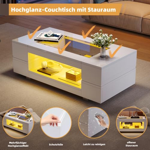 Merax Moderner Couchtisch Weiß 100x50x35cm mit LED-App-Steuerung, Wohnzimmertisch & Beistelltisch Couch, 2 Ebenen Stauraum, Wohnzimmer möbel, höhenverstellbar Coffee Table – Bild 4