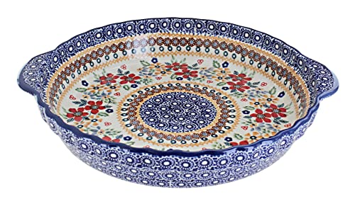 Blue Rose Polish Pottery - Red Daisy Pie Plate with Handles - 9.75 Blue Rose Polish Pottery - Red Daisy Pie Plate with Handles - 9.75