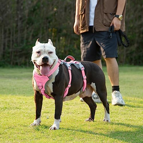 Image of Huntboo Escape Proof Dog Harness, Escape Artist Harness, Reflective Harness with Padded Handle, Breathable, Durable, Adjustable Vest for Medium Dogs Walking, Training, and Running Gear (Pink,L)