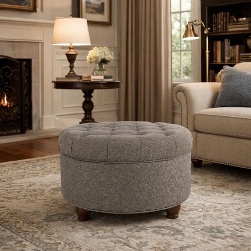 Image of HomePop 25 inch Button Tufted Round Storage Ottoman - Dark Gray