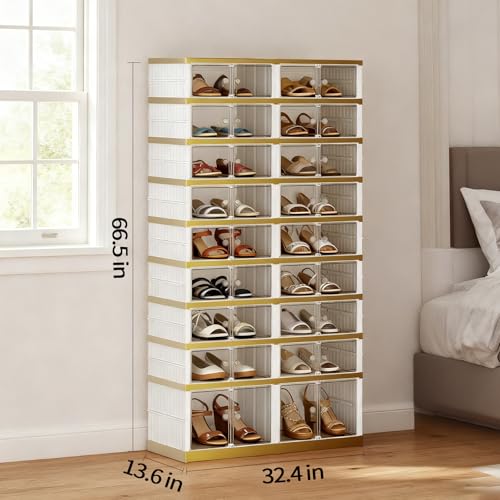Image of SYNCVIBE Shoe Rack Organizer for Closet Entryway Foldable Sneaker Storage Shoe, Collapsible Shoe Cabinet, Stackable Shoe Storage Cabinet with Lids for Living Room (9 Tiers -36 Pairs White Gold)