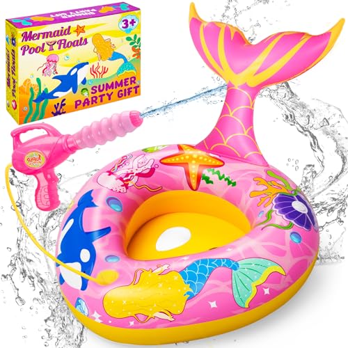 Pool Floats Kids with Water Gun Inflatable Pool Floats for Kids Ages 3-8 Outdoor Games Water Toys Summer Swimming Fun for Boys Girls (Pink Mermaid)