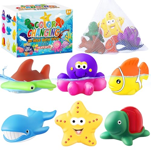 Juguetes de baño para niños sin Agujeros decolorados, Juguetes de Animales Marinos decolorados con Bolsas secas Juguetes de baño para bebés de baño acuático de Pescado Flotante (Juego de 6 Piezas)