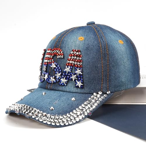 Image of American Flag Caps USA Baseball Caps Bling Sparkle Independence Day 4th of July Hats Adjustable Cotton Stars Stripes Ball Cap