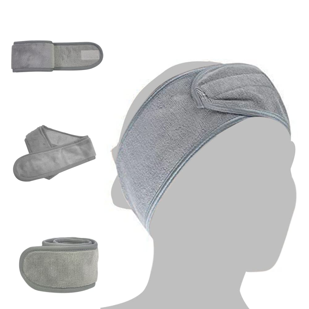 Wownect Facial Spa Headband, Ultra Soft Microfiber Adjustable Face Wash Headband Reusable Cloth Stretch Towel [3.1 x 24.8 inch] Make Up Wrap for Face Washing, Shower, Facial Mask, Gym, Yoga - Grey