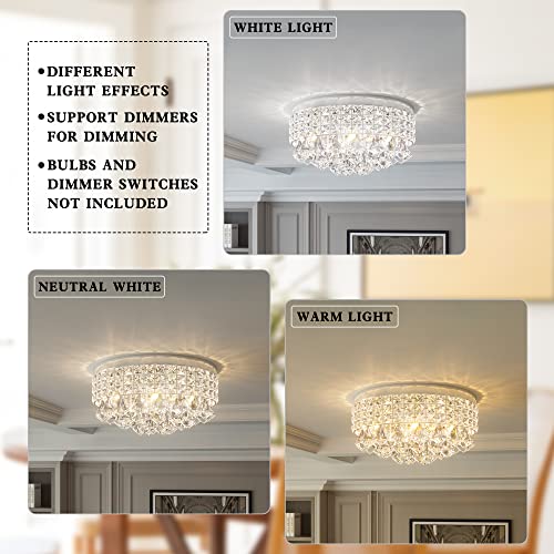 Maxax 4 Lights Crystal Chandelier, Modern Drum Ceiling Light Fixture Lamp, Raindrop Flush Mount Round Metal Shade, For Dining Room, Living Room, Bathroom, Bedroom, Chrome #TOP4