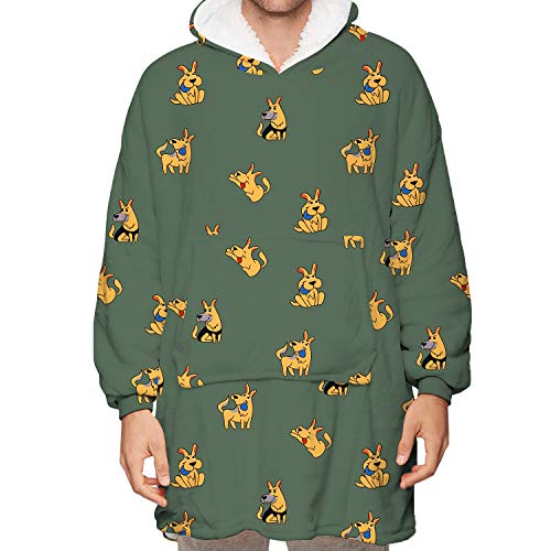 Oversized Blanket Hoodie, Super Soft Wearable Cartoon Animal Print Sherpa Lining Hooded Sweatshirt with Large Front Pocket (Dark Green, One Size)