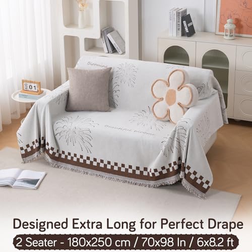 Image of HOKIPO Premium Chenille Printed Sofa Cover Throw Blanket 320 GSM for 2 Seater - All Season Use, 'Serene Abode Series' Brown Dot Burst (180x250 cm) (AR-6632-D6)