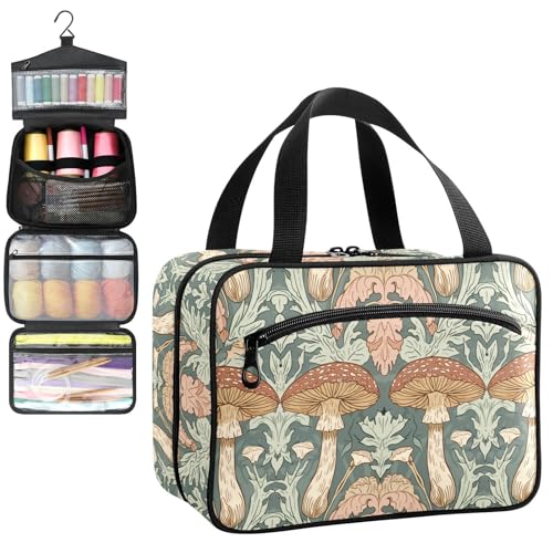 YNNALE Sewing Supply Organizer Bag, Sage Green Mushroom Floral Portable Sewing Bags with Pockets&Hanger, Sewing Storage Box Case for Sew Supplies/Kit/Tools/Accessories (BAG ONLY)