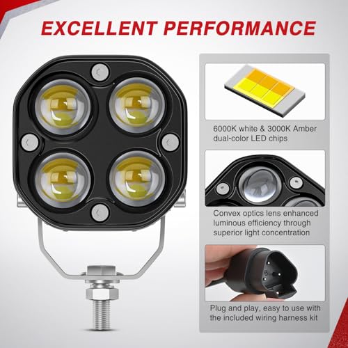 Image of Nilight 7 /8 inch Handlebar Motorcycle LED Driving Light Pod 2PCS 3 Inch 40W White Amber Dual Color Spot Beam Fog Auxiliary Offroad Lighting with 16AWG Wiring Harness for 12V Motorbike Dirt Bike e-Bike