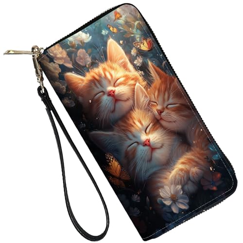 Image of RFID Blocking Leather Wallet for Women - Large Capacity Zip Around Clutch with 8 Card Slots,16 Cash Pockets & Coin Zipper,Cat and Butterfly