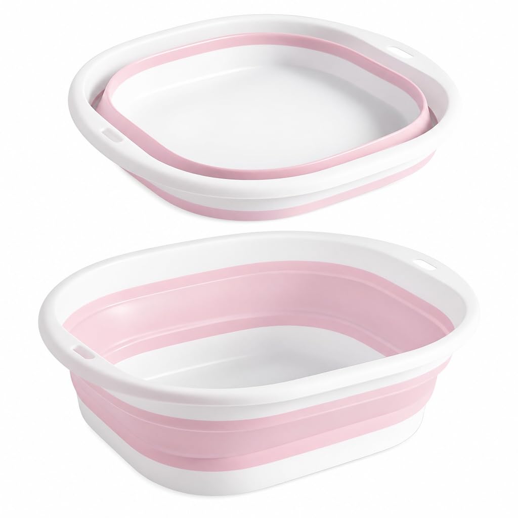 Lafefe 9L Large Collapsible Washing Up Bowl, Pink Foldable Dish Basin & Space Saving Wash Bowl with Handles, High Capacity Plastic Silicone Folding Basin for Camping, Caravan, Laundry & Kitchen Sink