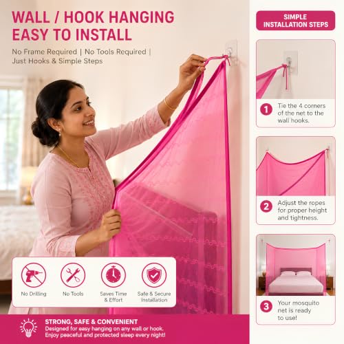 Image of Mosquito Net for King Size Bed & Double Bed (6x7 ft, Wall /Hook Hanging) Poly-Cotton Blend Fabric, Wave Line Pattern, Pre-Fitted Bottom & Cotton Ribbon (Pink)