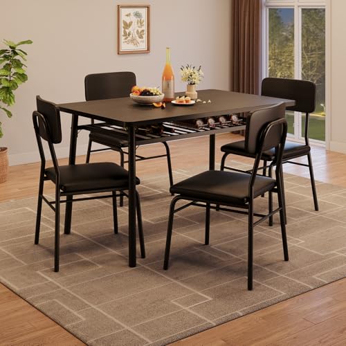 GarveeHome Dining Table Set for 4 with Storage Rack, 5-Piece Kitchen Table and Upholstered Chairs of 4, Wood Tabletop & Heavy-Duty Metel Frame, Dining Room Set for Small Space, Apartment, Black