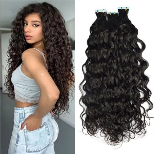 Water Wave Tape in Hair Extensions Human Hair 26inch 100g/40pcs,Wet&Wavy Hair Reusable PU Skin Weft Double Side Adhesive Tape In Remy Hair for Thin Hair