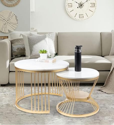 Image of Furniture Cafe Luxury Nesting Coffee Table Set of 2 - Modern Round Marble Top Accent Tables with Golden Metal Base, Living Room Centerpiece