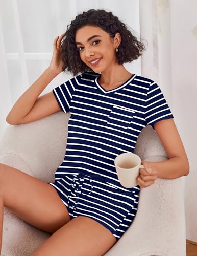 Image of Ekouaer Womens Pajama Sets Short Sleeve Pajamas for Women Sets Soft Lounge Sets Casual V Neck Sleepwear PJS
