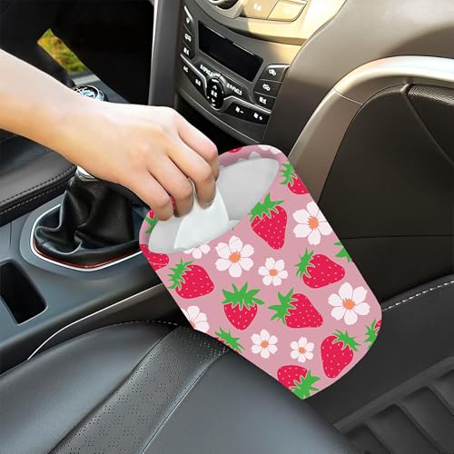 Image of Car Garbage Bag Pink Strawberry and Floral Mini Car Trash Bin Portable Collapsible Waterproof Rubbish Bag for Car Accessories Back Front Seat Cup Holder