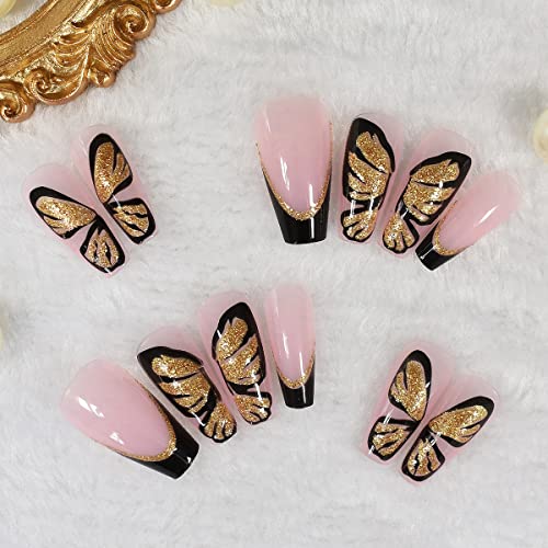 Ktaabtr Butterfly Press On Nails Medium French Tip Acrylic Nails Glue On Nails Gold Butterfly Coffin Nails Black French Tip Fake Nails Butterflies False Nails For Women Girls 24Pcs #TOP2