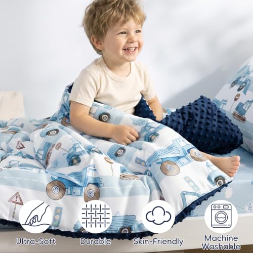 Image of PHF 4 Piece Minky Toddler Bedding Set, Ultra Soft Fluffy Skin-Friendly Soothing Minky Dot Toddler Comforter Set, Unique Pattern Breathable All Season Bedding Set for Boys,Truck