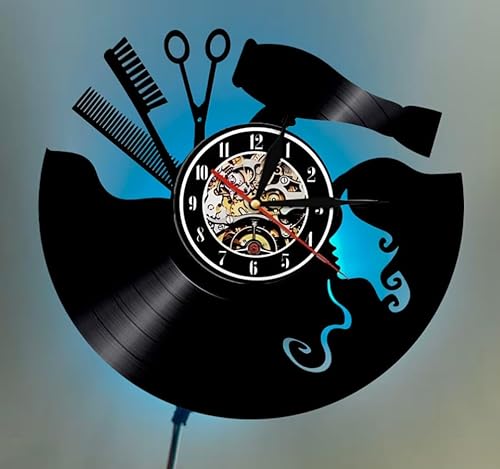 Reloj de pared vintage para peluquería de 12 pulgadas, diseño de disco de vinilo con tijeras de peluquería y recortes de peine, movimiento de cuarzo