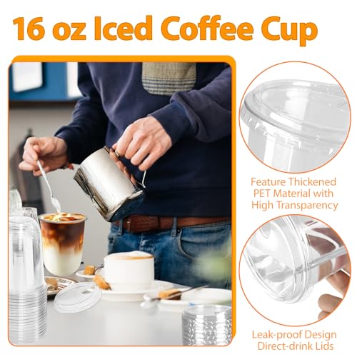 Image of 100 Sets 16 oz Clear Plastic Cups with Lids | Iced Coffee Cups, Disposable Round Bottom, For Cold Drinks, Smoothies, Juice, Milkshake, Wedding & Party Use
