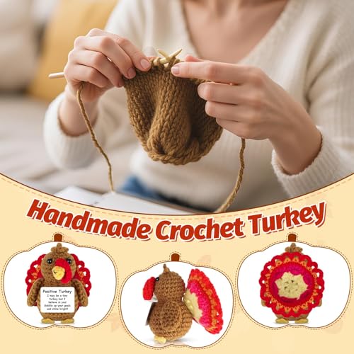 Thanksgiving Turkey Positive Crochet Gifts Emotional Support Crochet Turkey with Positive Card for Women Family Friend Inspirational Handmade Thanksgiving Birthday Gift for Fall Home Desk Basket Decor - Image 4