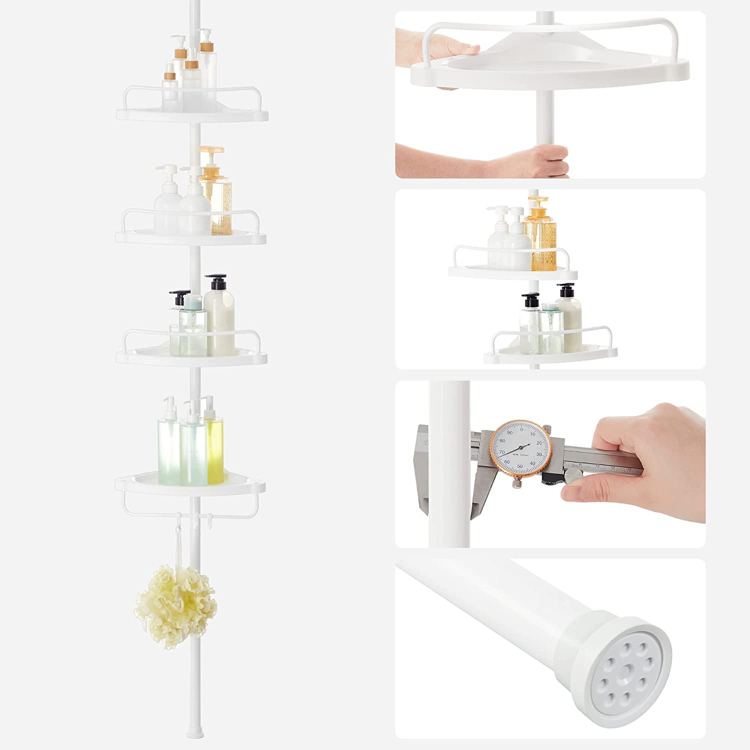 SONGMICS Mensola Doccia Telescopica e Regolabile, 4 Ripiani, Scaffale Angolare Bagno, Altezza 85-305 cm, Bianco BCB001A