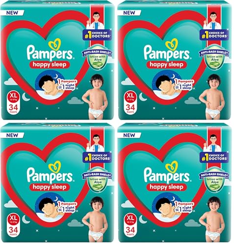 Image of Pampers Happy Sleep Pant Style Baby Diapers, X-Large (XL), 34 Count, 1 Pampers : 1 Night Sleep, with Anti Rash Shield, 12-17 Kg Diapers (Pack of 4)