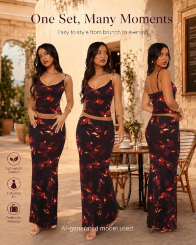 Image of Two Piece Skirt Set Women Maxi Long Skirt and Top Outfit | Soft stretchy 5 pc, slim bodycon, adjustable spaghetti straps, ruched crop tank, elastic waist, going out, beach vacation